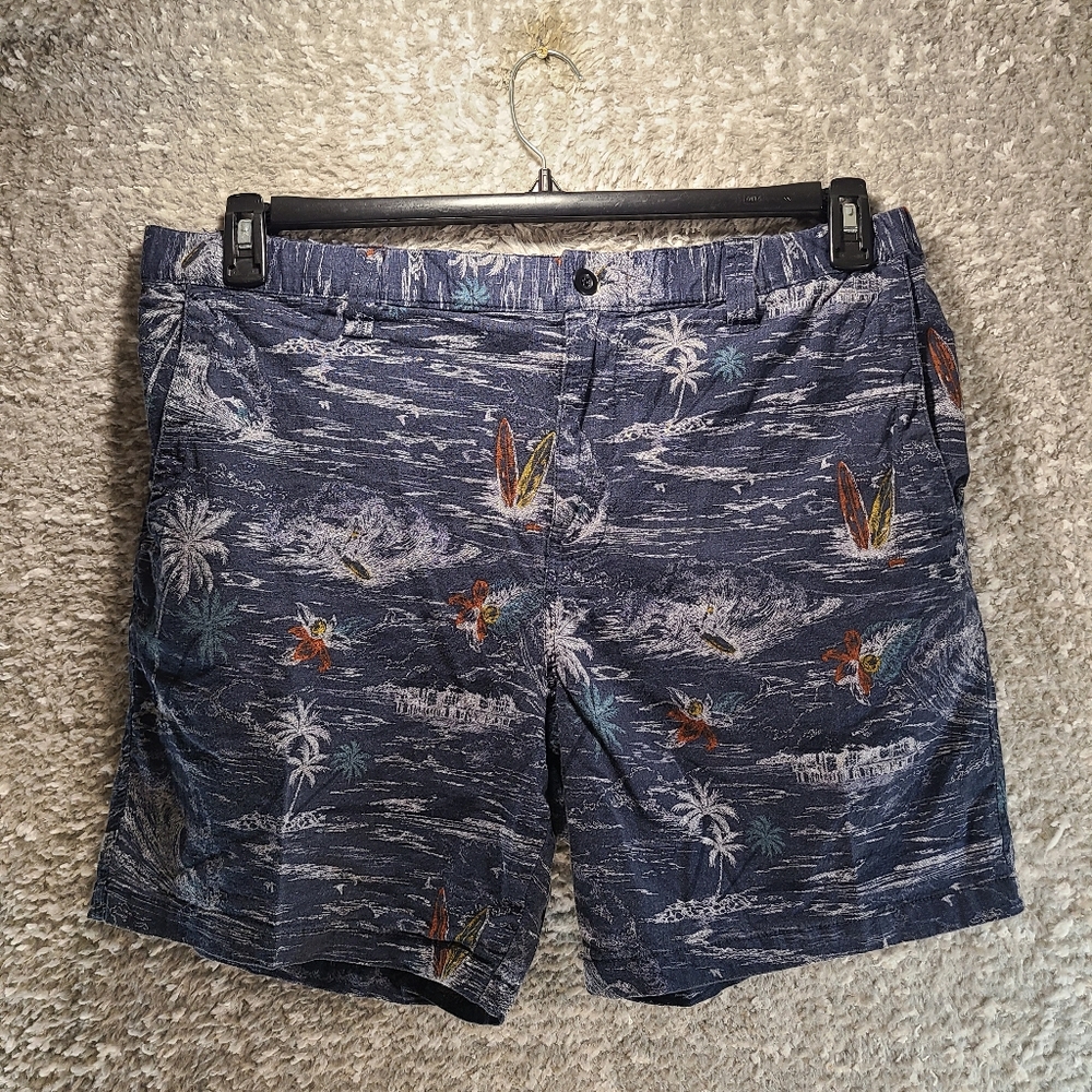 Lucky Brand Tropical Shorts Size 36 BLUE Chambray‎ Chino Flat Front Linen Cotton